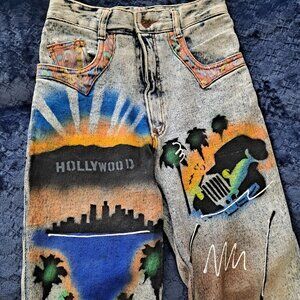 Vintage Festival Highwaisted Skinny Jeans Airbrushed Patched Handcrafted 26" W